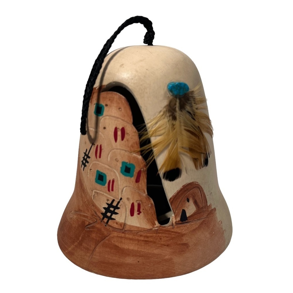 Vintage‎ Signed Native American Pottery Bell Wind Chime Signed AZA Adobe Scene